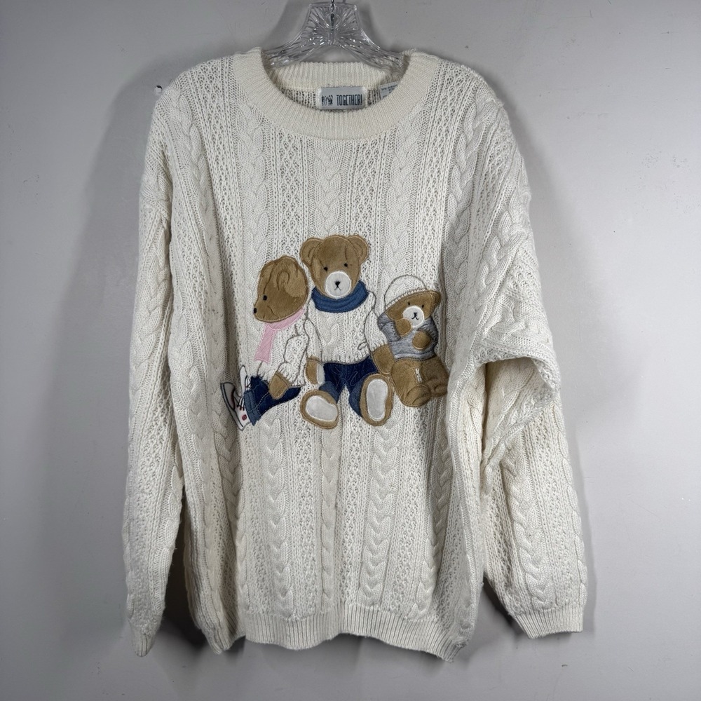 VTG Together! Sweater Womens L Cream Embroidered Teddy Bear Wool Cable Knit 90s